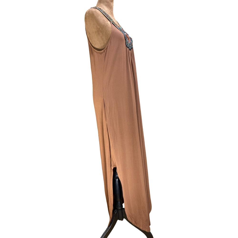 Venus Brown Beaded Embroidered Maxi Dress M Boho Sleeveless Resort Vacay  Casual - Picture 5 of 9